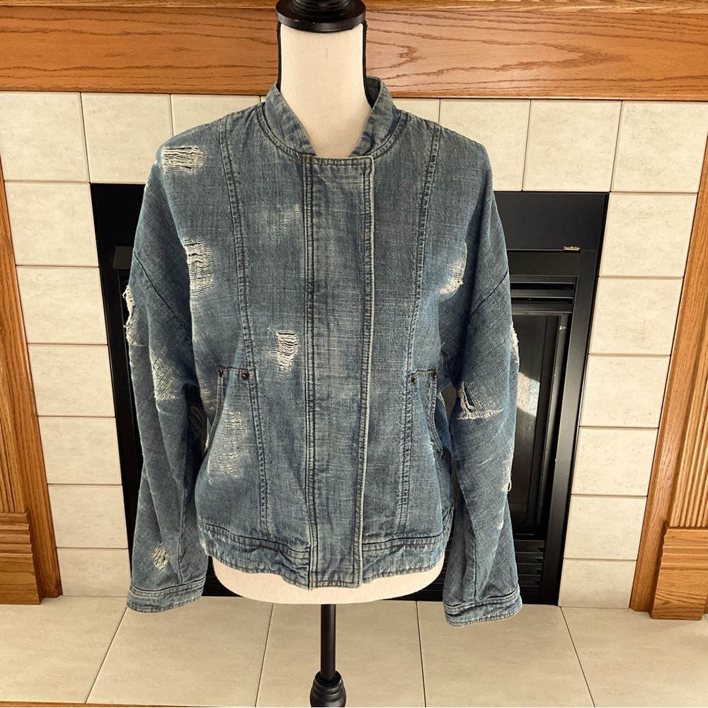 Free People Oversized Distressed Denim Jacket, Sz M